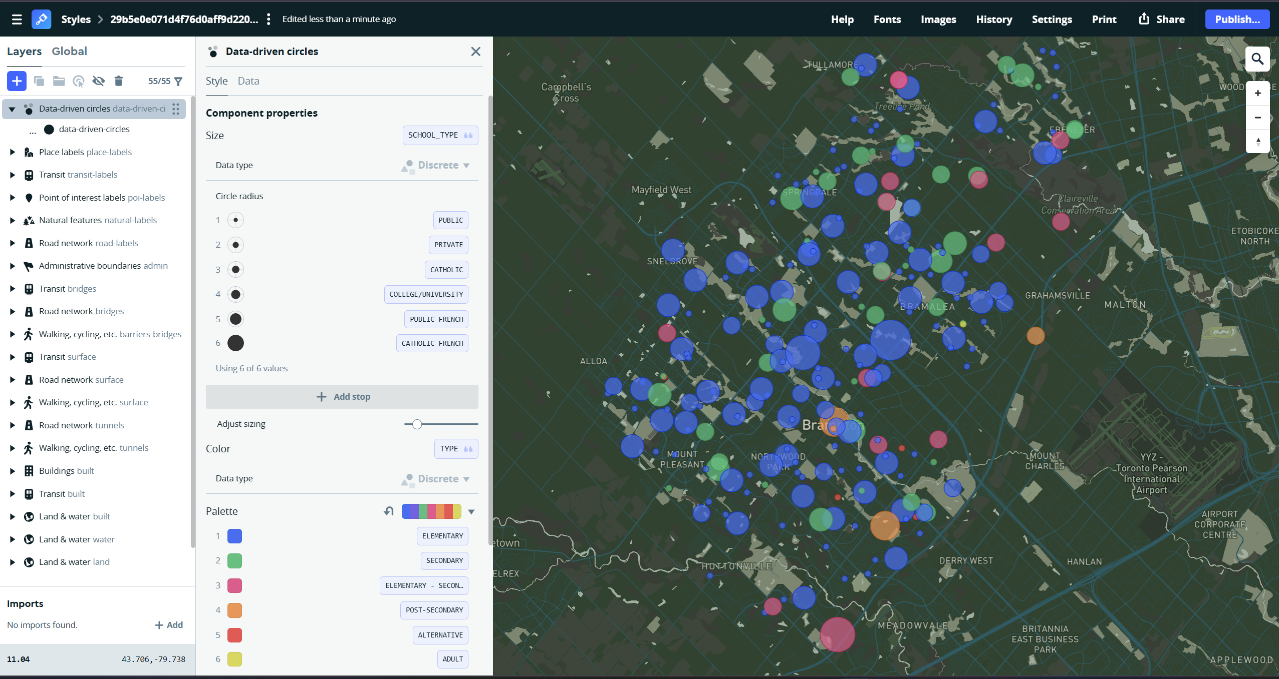 Bivariate map showing all schools in Brampton organized by school type and demographic